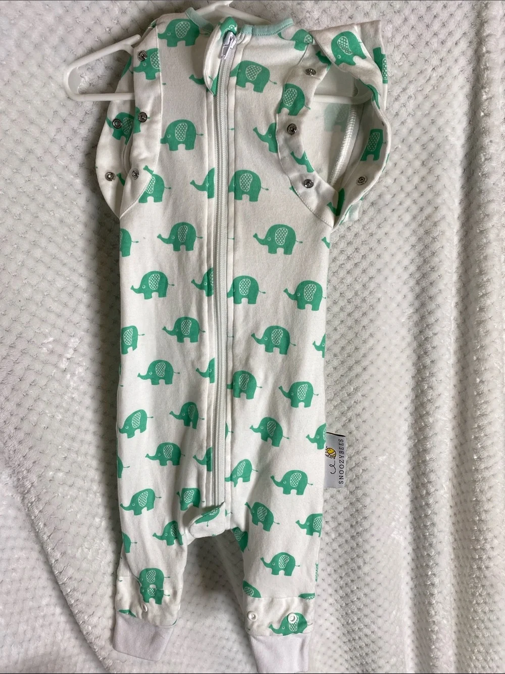 SnoozyBees White Baby One Piece with Mint Green Elephant Print
